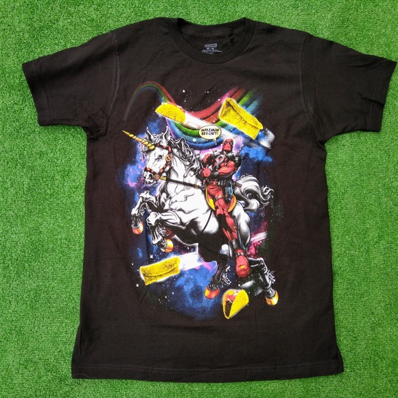 Marvel Deadpool Maximum Effort Unicorn on a Rainbow Tacos in Space Adult Shirt - Picture 1 of 2